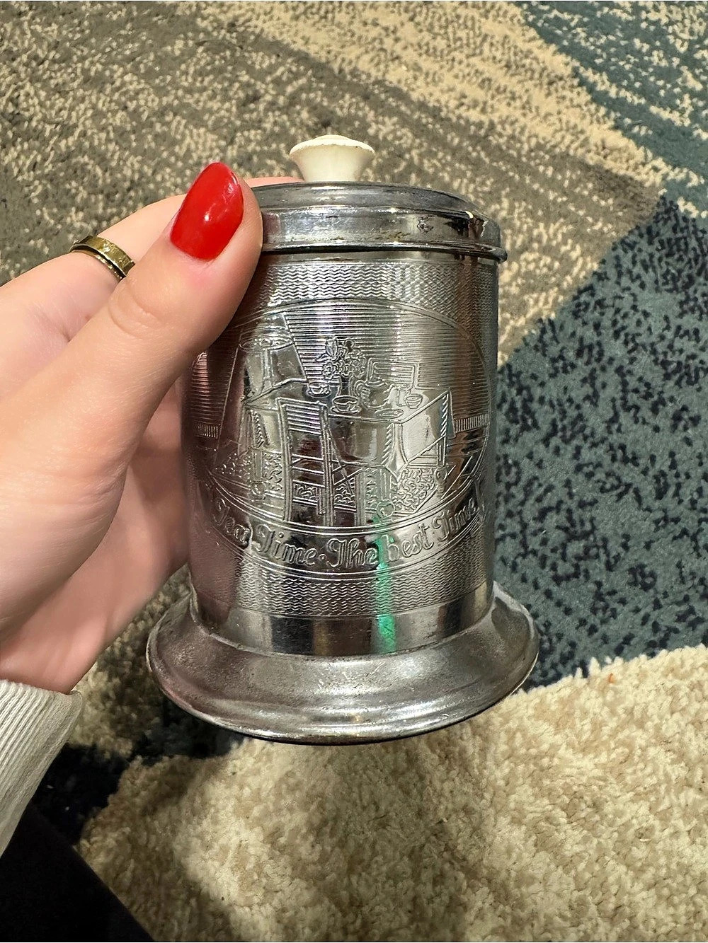 vintage British metal tea caddy, or storage tin, produced mid-20th century